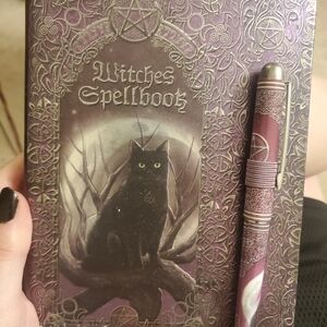 Enchanted Cat Witches Spellbook with Pen - Purple and Black